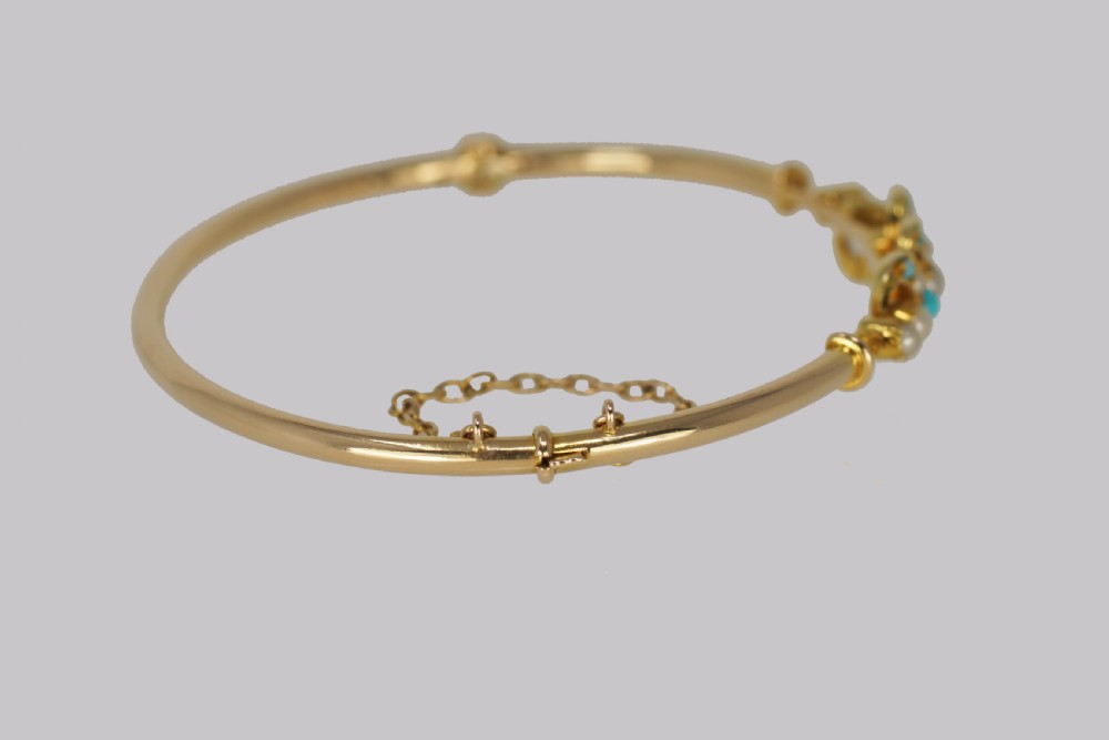 Victorian Turquoise & Pearl Bangle Antique 15ct Gold Bracelet with Original Box circa 1900 View XII