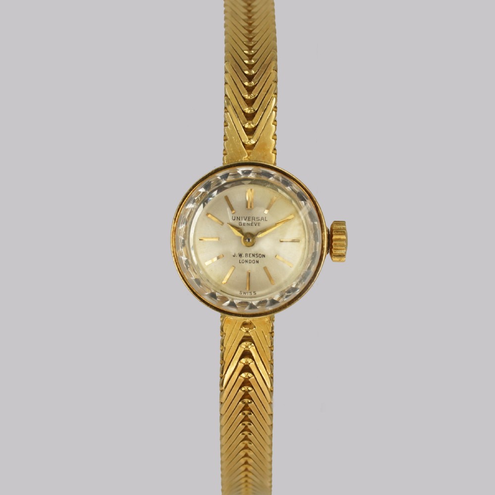 Vintage 18ct Gold Bracelet Watch Universal Geneve J W Benson Ladies 1960s Watch View XVIII