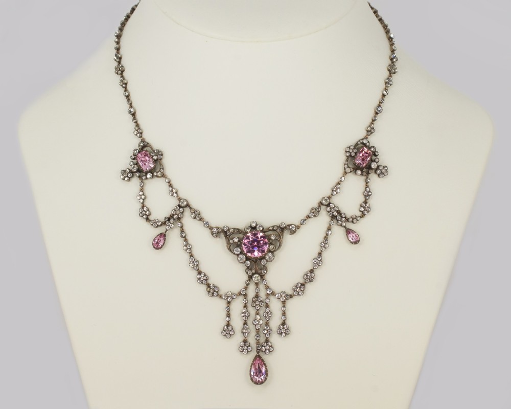 Antique Festoon Georgian Necklace Pink & Clear Paste Silver Swag Necklace circa 1800