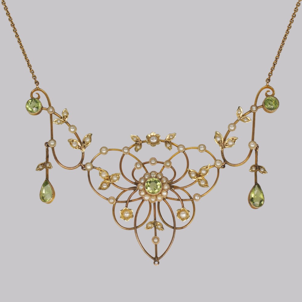 Antique Peridot & Seed Pearl Necklace Edwardian 9ct Gold Floral Scroll Necklace