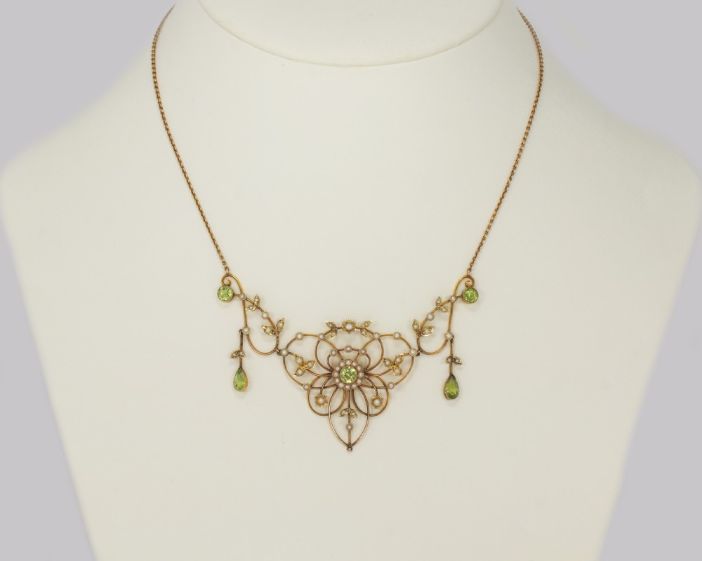 Antique Peridot & Seed Pearl Necklace Edwardian 9ct Gold Floral Scroll Necklace View II