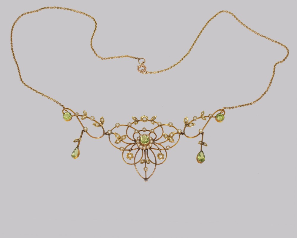 Antique Peridot & Seed Pearl Necklace Edwardian 9ct Gold Floral Scroll Necklace View III