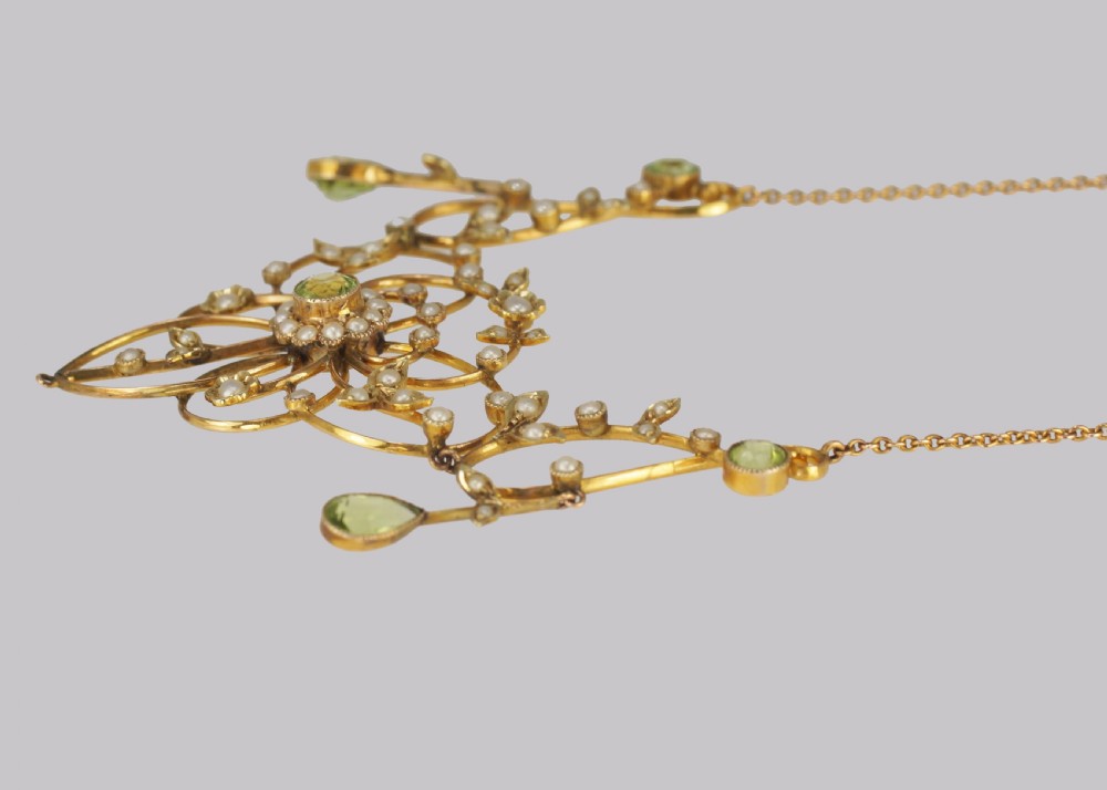 Antique Peridot & Seed Pearl Necklace Edwardian 9ct Gold Floral Scroll Necklace View IV