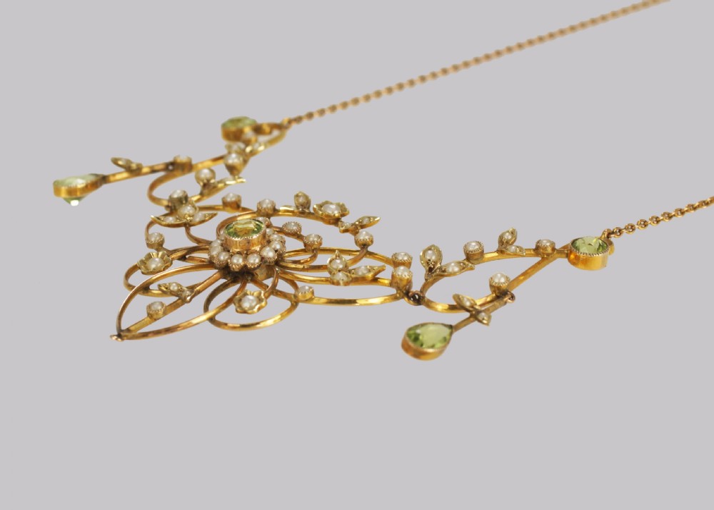 Antique Peridot & Seed Pearl Necklace Edwardian 9ct Gold Floral Scroll Necklace View V
