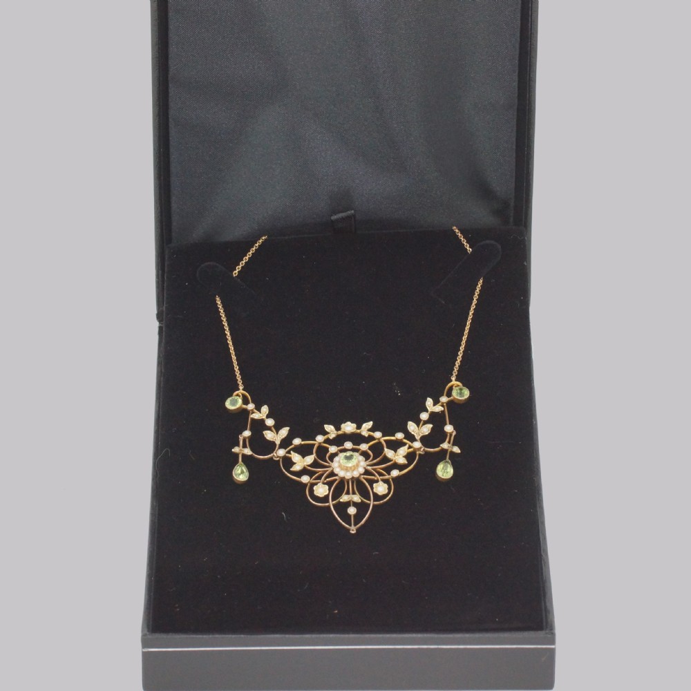 Antique Peridot & Seed Pearl Necklace Edwardian 9ct Gold Floral Scroll Necklace View VIII