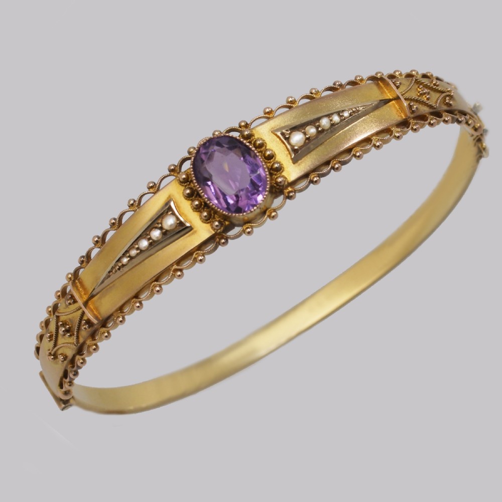 Antique Amethyst & Pearl Bangle. Etruscan Revival 9ct Gold Bracelet Hallmarked Chester 1913