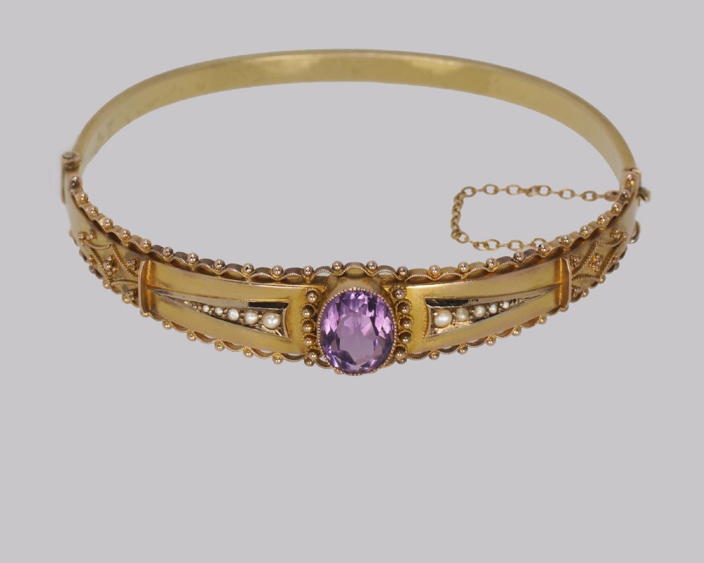 Antique Amethyst & Pearl Bangle. Etruscan Revival 9ct Gold Bracelet Hallmarked Chester 1913 View II