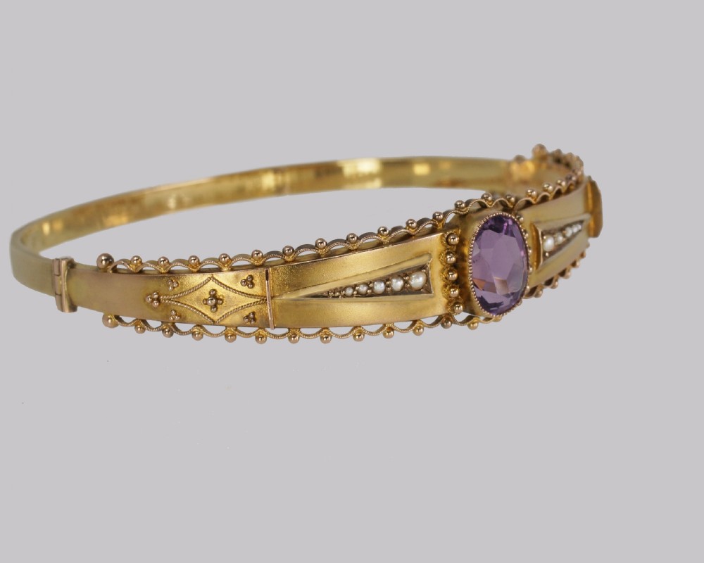 Antique Amethyst & Pearl Bangle. Etruscan Revival 9ct Gold Bracelet Hallmarked Chester 1913 View III