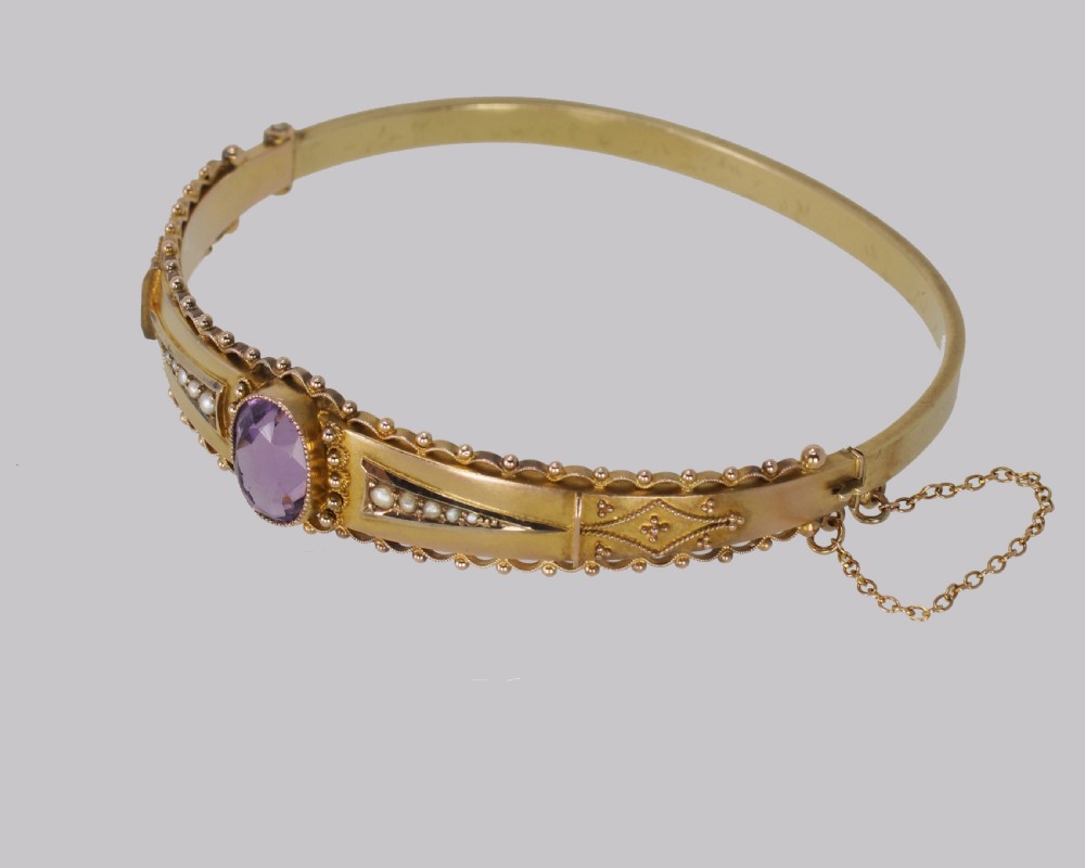 Antique Amethyst & Pearl Bangle. Etruscan Revival 9ct Gold Bracelet Hallmarked Chester 1913 View IV
