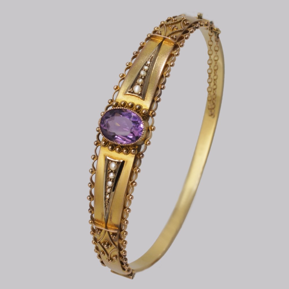 Antique Amethyst & Pearl Bangle. Etruscan Revival 9ct Gold Bracelet Hallmarked Chester 1913 View VIII