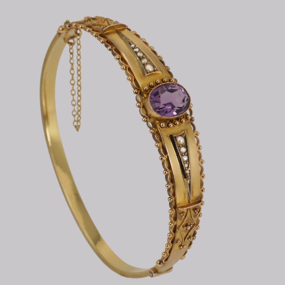 Antique Amethyst & Pearl Bangle. Etruscan Revival 9ct Gold Bracelet Hallmarked Chester 1913 View IX