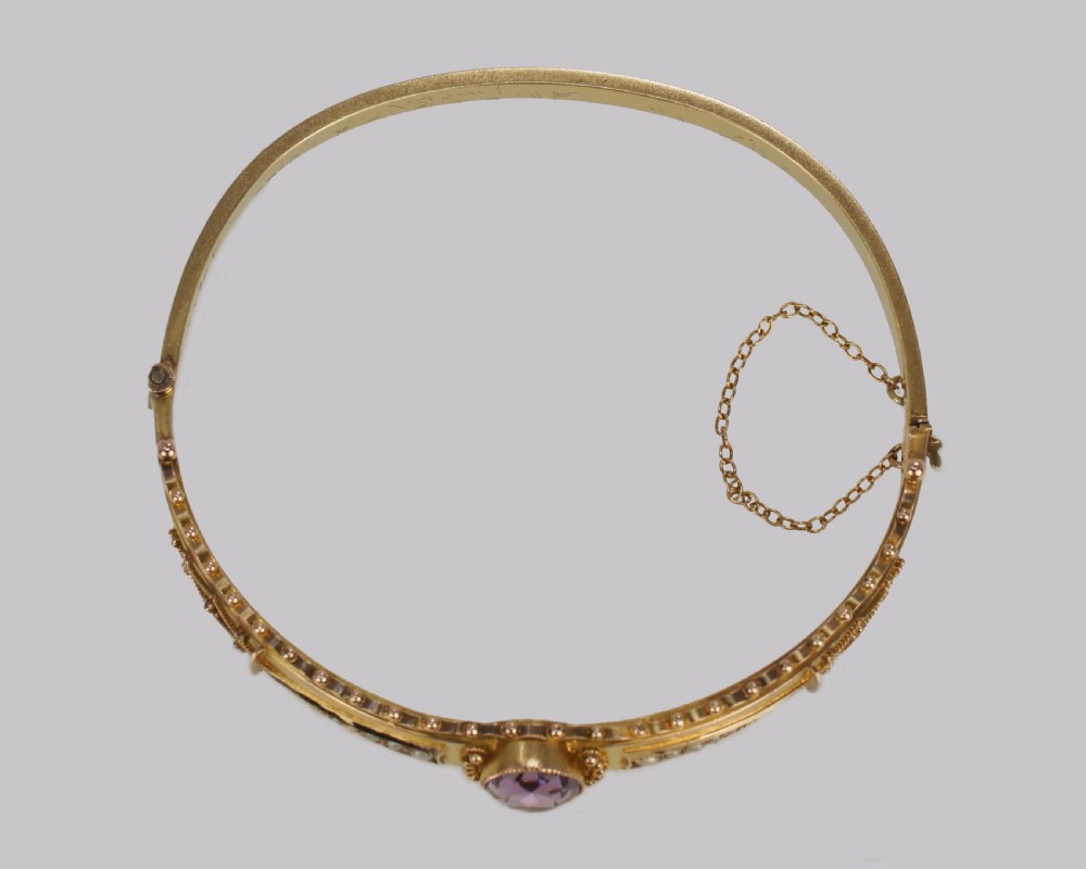 Antique Amethyst & Pearl Bangle. Etruscan Revival 9ct Gold Bracelet Hallmarked Chester 1913 View XI