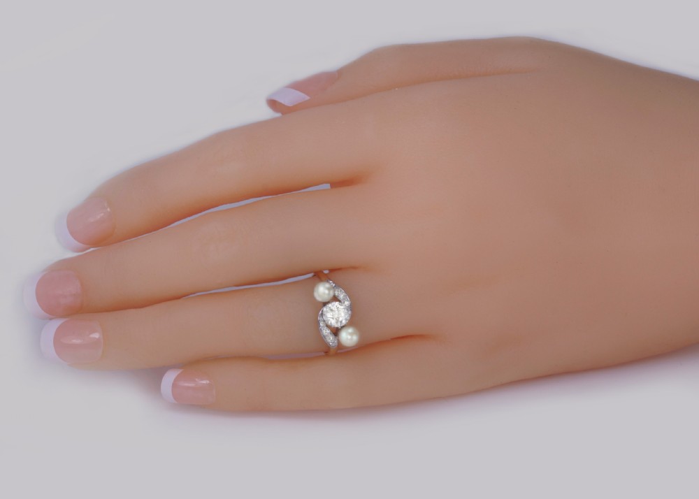 Antique Pearl & Old Cut Diamond Twist Ring 18ct Gold Edwardian Trilogy Ring circa1910 View II