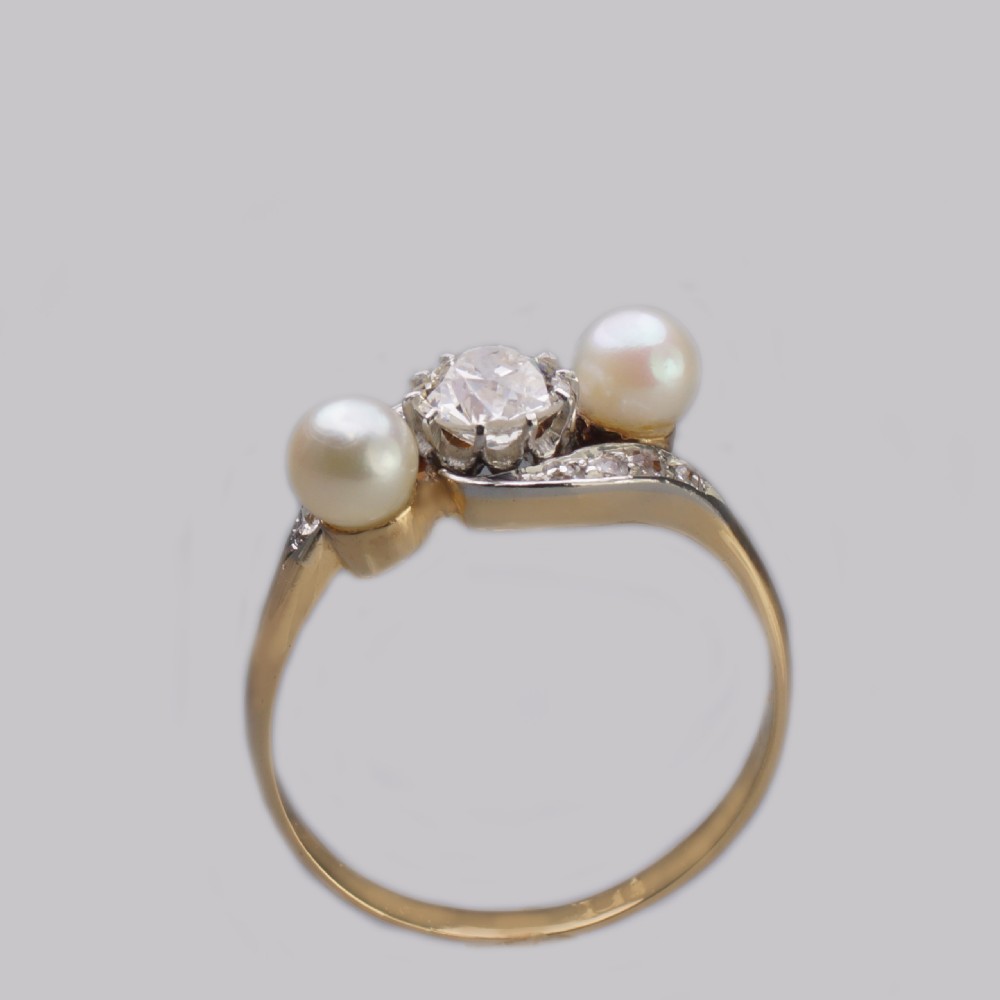Antique Pearl & Old Cut Diamond Twist Ring 18ct Gold Edwardian Trilogy Ring circa1910 View VII