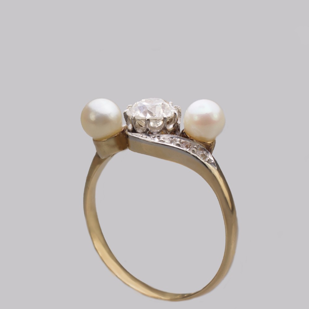 Antique Pearl & Old Cut Diamond Twist Ring 18ct Gold Edwardian Trilogy Ring circa1910 View VIII