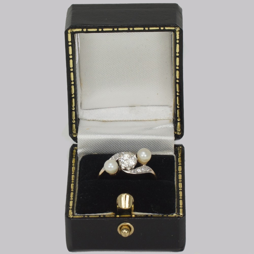 Antique Pearl & Old Cut Diamond Twist Ring 18ct Gold Edwardian Trilogy Ring circa1910 View X