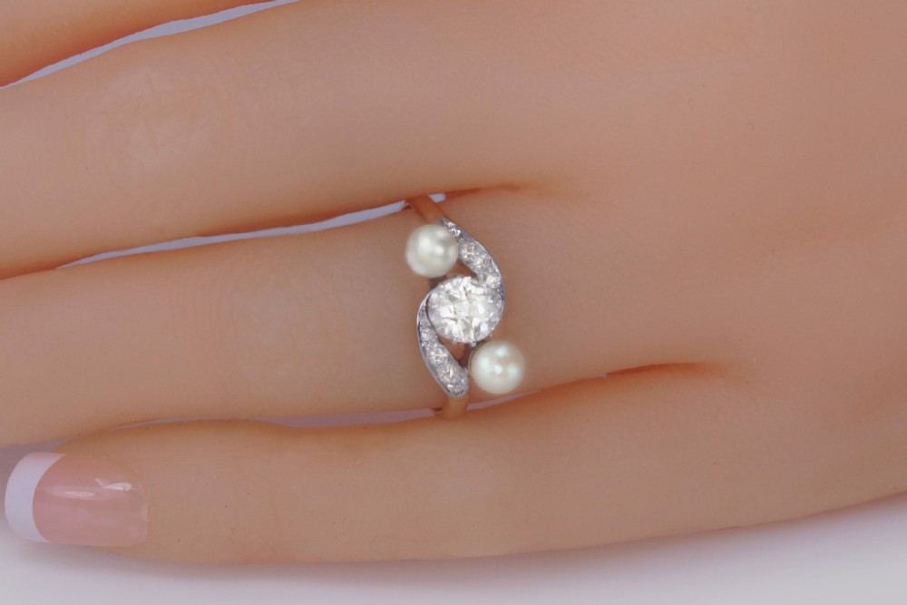 Antique Pearl & Old Cut Diamond Twist Ring 18ct Gold Edwardian Trilogy Ring circa1910 View XII