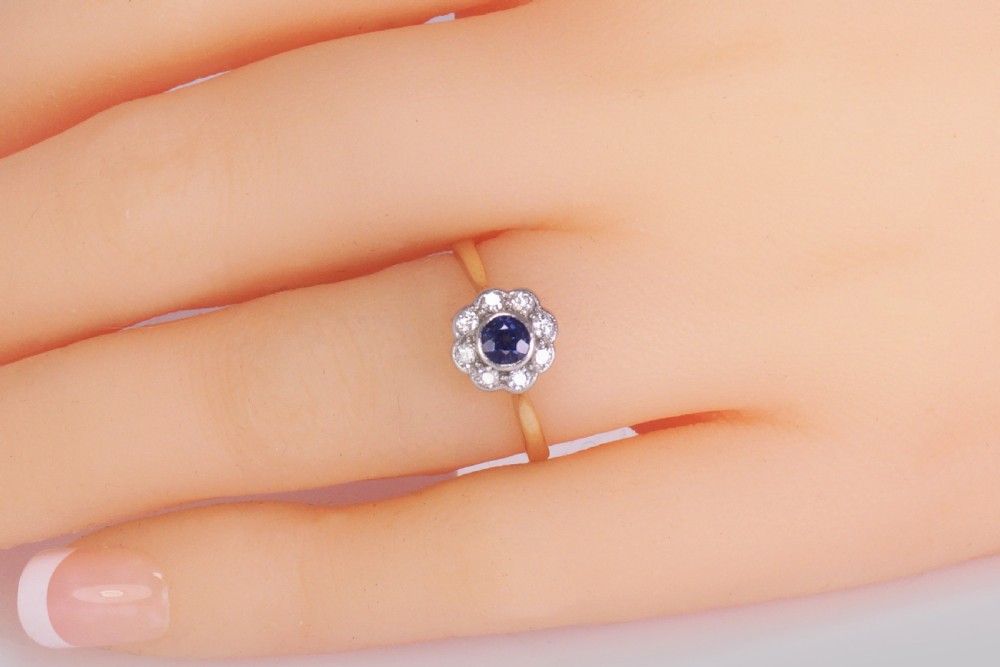 Antique Sapphire & Diamond Cluster Ring Vintage 18ct Gold Edwardian Daisy Ring View VIII