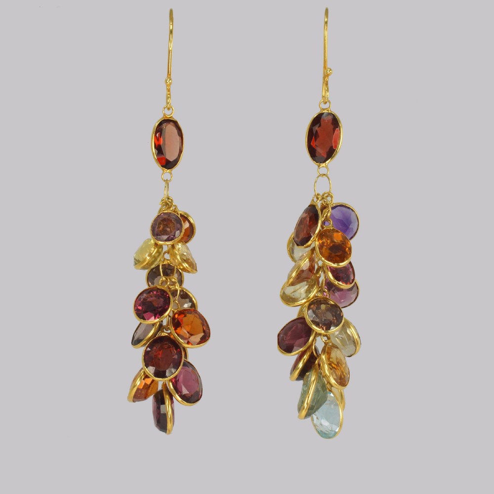 Vintage Multi Gem Chandelier Earrings 18ct Gold 1960's Tutti Frutti 2