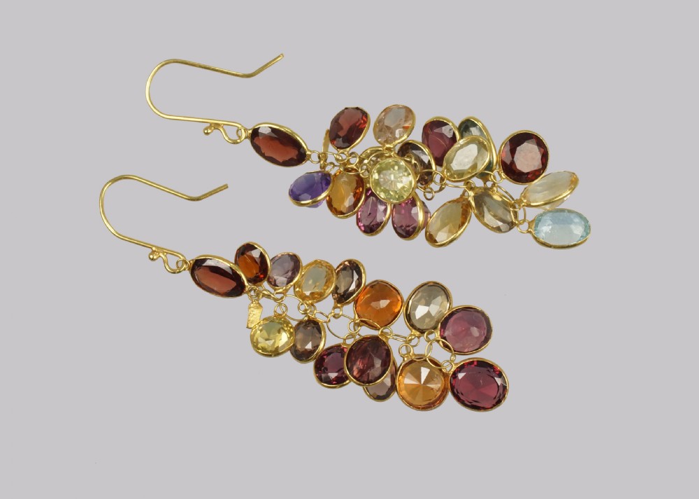 Vintage Multi Gem Chandelier Earrings 18ct Gold 1960's Tutti Frutti 2