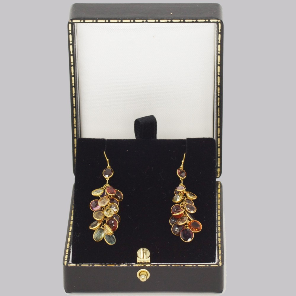 Vintage Multi Gem Chandelier Earrings 18ct Gold 1960's Tutti Frutti 2
