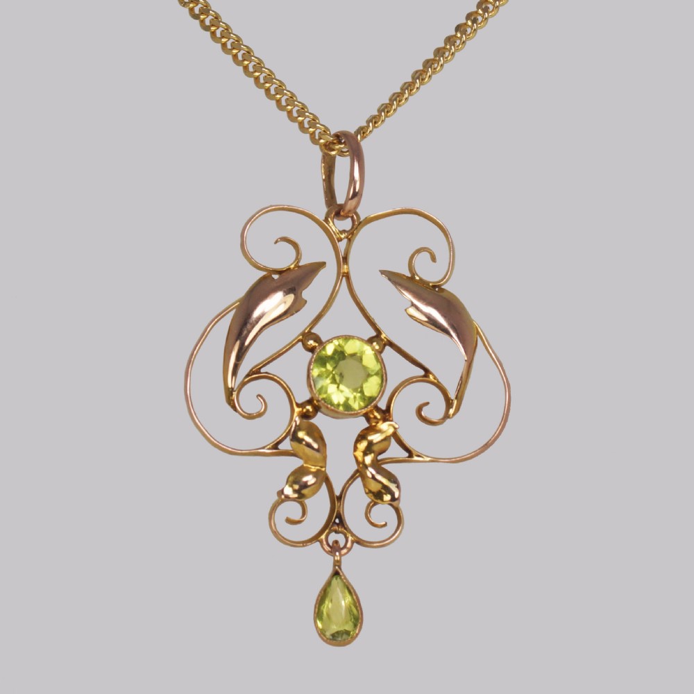 Art Nouveau Peridot Pendant Antique 9ct Gold Pendant & Chain Edwardian Necklace