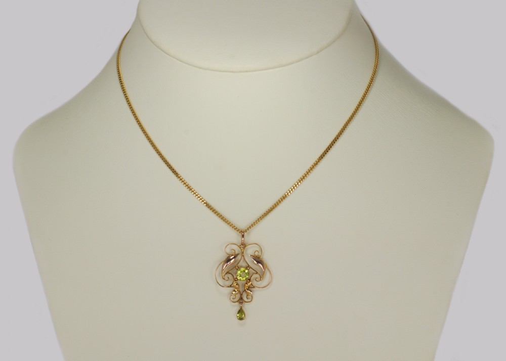 Art Nouveau Peridot Pendant Antique 9ct Gold Pendant & Chain Edwardian Necklace View II