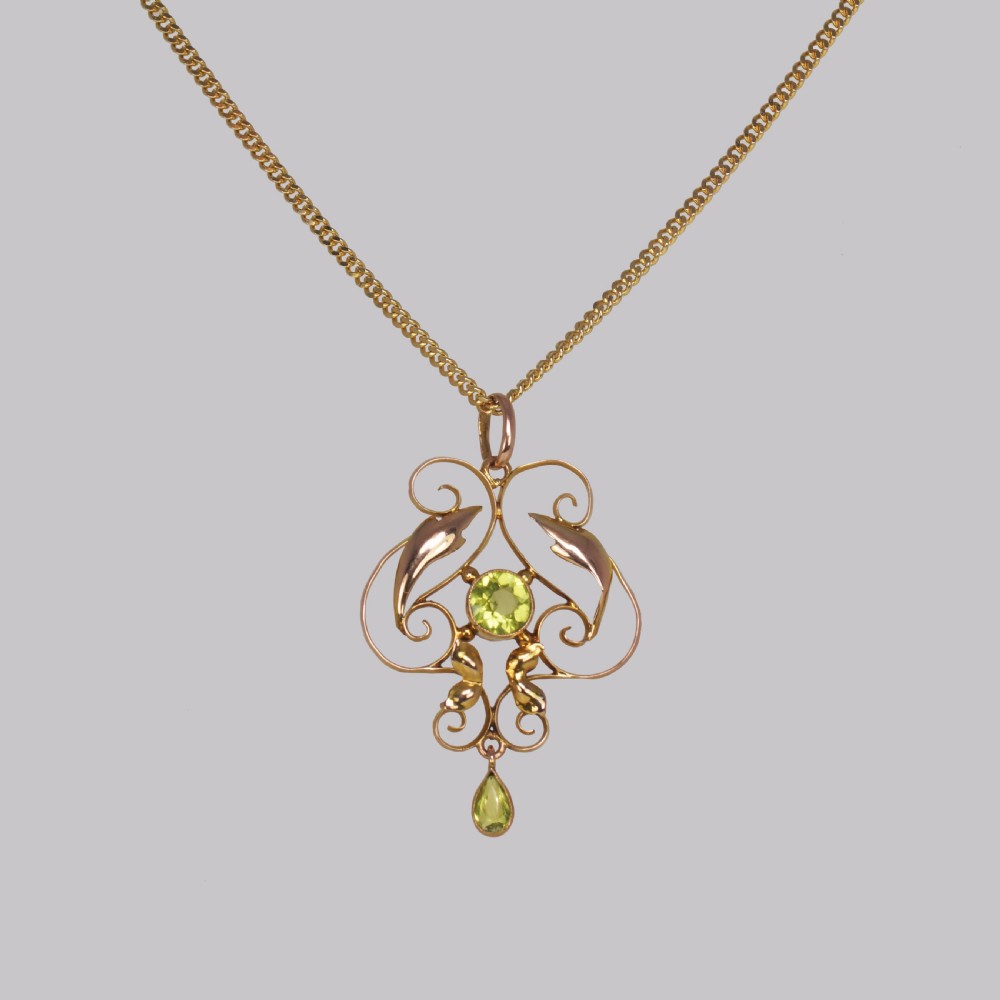 Art Nouveau Peridot Pendant Antique 9ct Gold Pendant & Chain Edwardian Necklace View IV