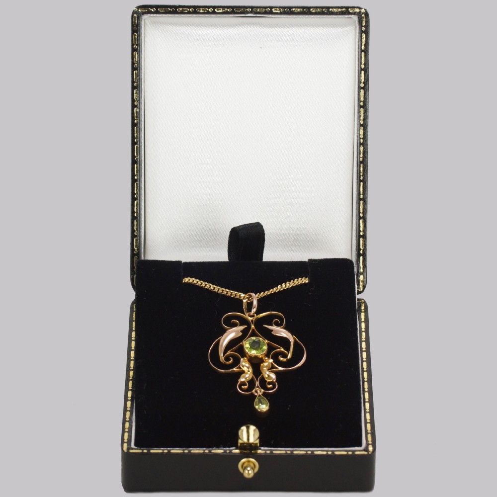 Art Nouveau Peridot Pendant Antique 9ct Gold Pendant & Chain Edwardian Necklace View V