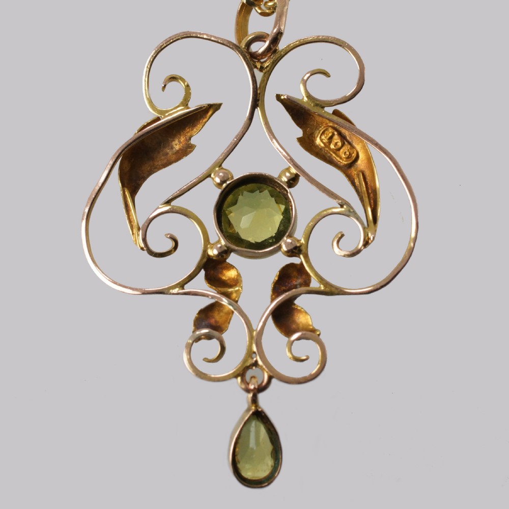 Art Nouveau Peridot Pendant Antique 9ct Gold Pendant & Chain Edwardian Necklace View VII