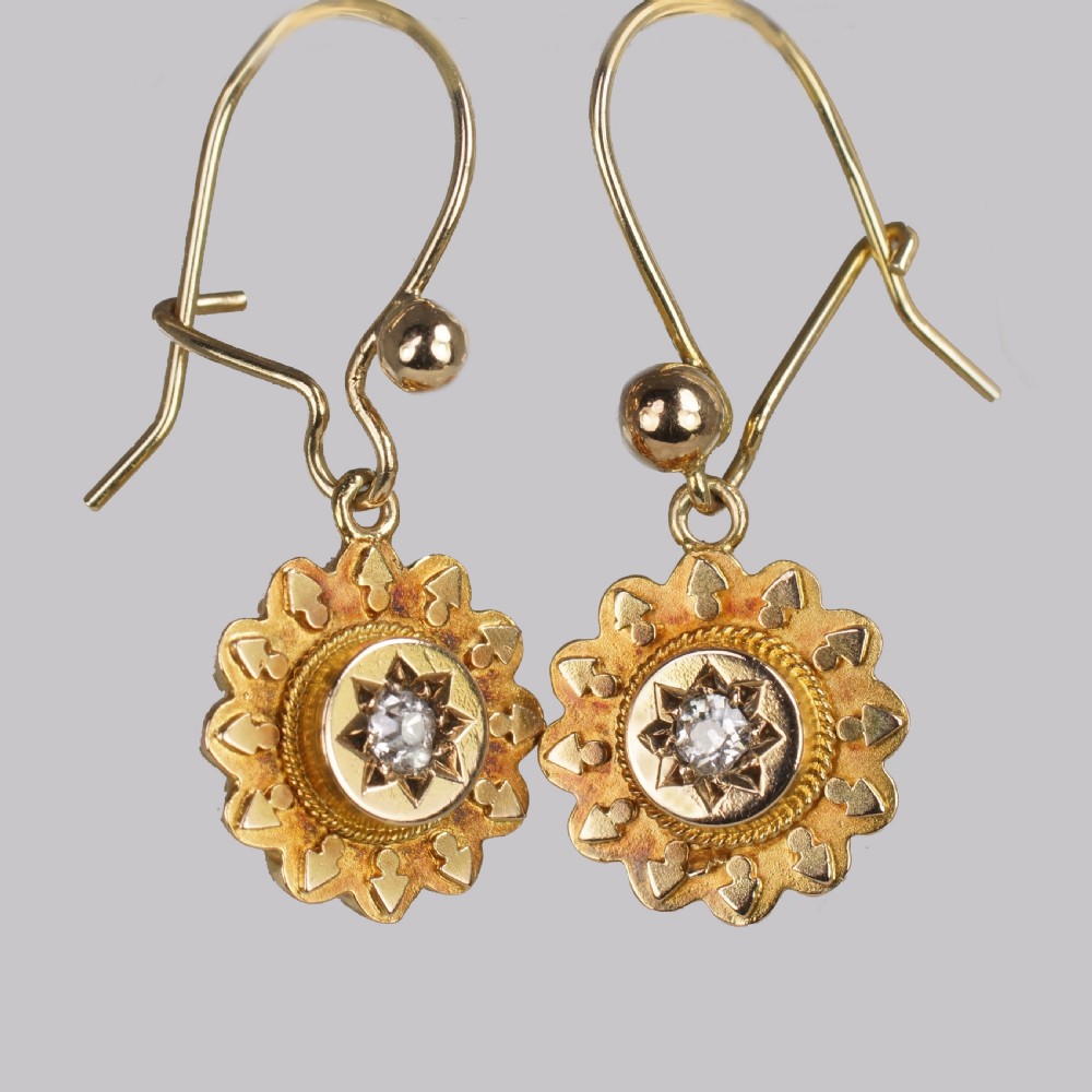 Antique 15ct Gold Diamond Victorian Drop Hook Etruscan Revival Earrings circa 1870/1890 View II