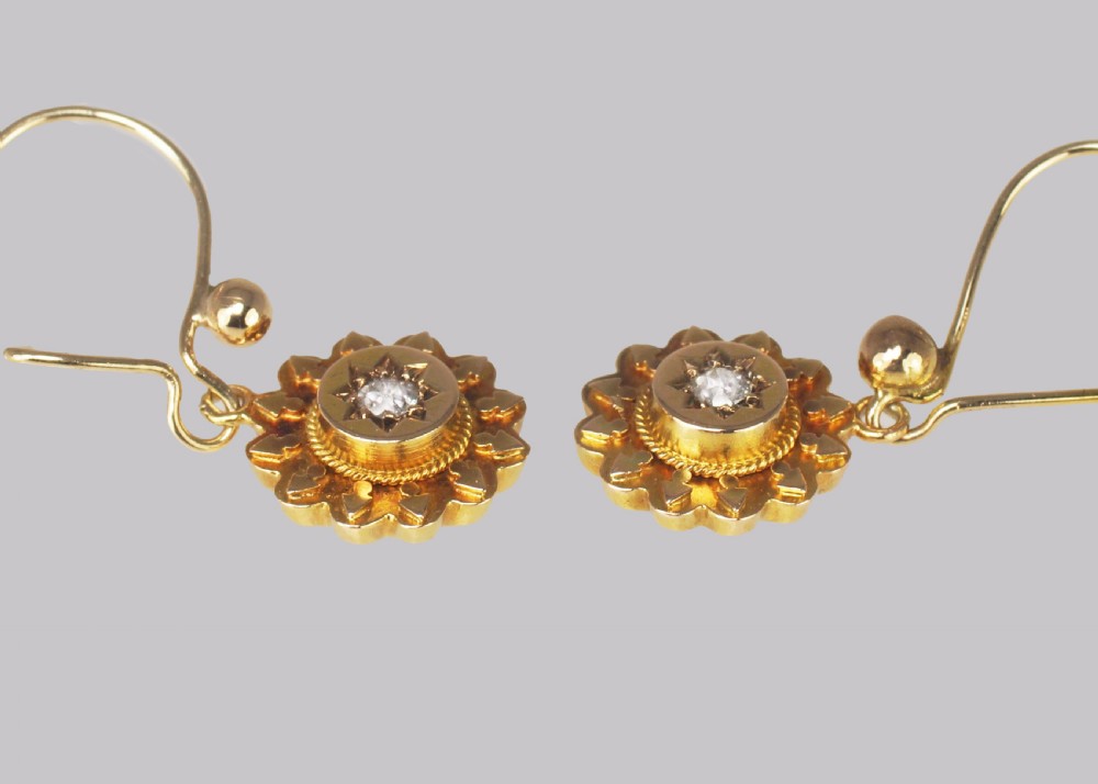 Antique 15ct Gold Diamond Victorian Drop Hook Etruscan Revival Earrings circa 1870/1890 View IV