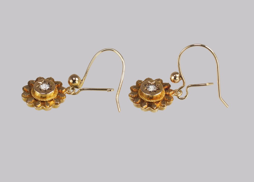 Antique 15ct Gold Diamond Victorian Drop Hook Etruscan Revival Earrings circa 1870/1890 View VI