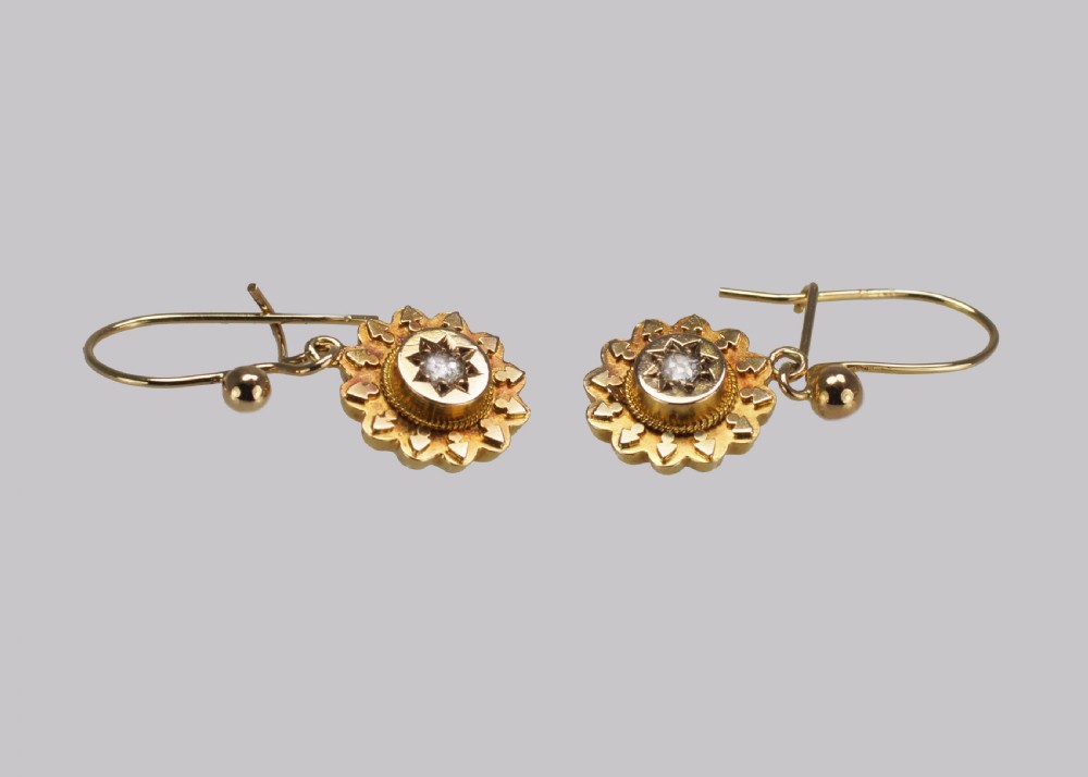 Antique 15ct Gold Diamond Victorian Drop Hook Etruscan Revival Earrings circa 1870/1890 View VII