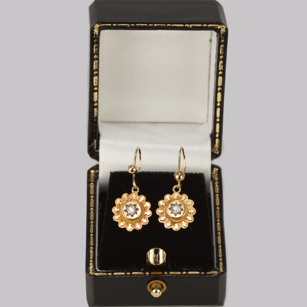 Antique 15ct Gold Diamond Victorian Drop Hook Etruscan Revival Earrings circa 1870/1890 View VIII
