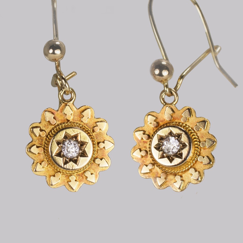 Antique 15ct Gold Diamond Victorian Drop Hook Etruscan Revival Earrings circa 1870/1890 View IX