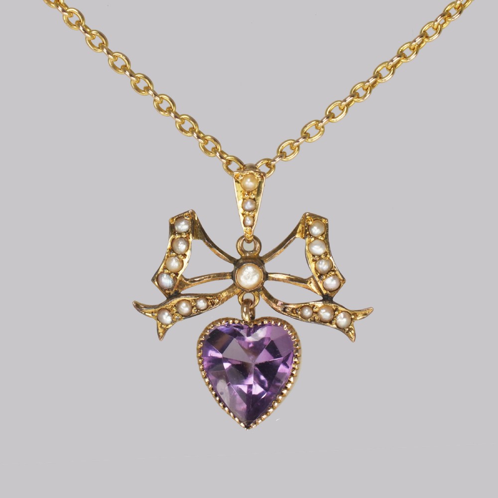 Antique Seed Pearl & Amethyst Pendant 15ct Gold Victorian / Edwardian Necklace