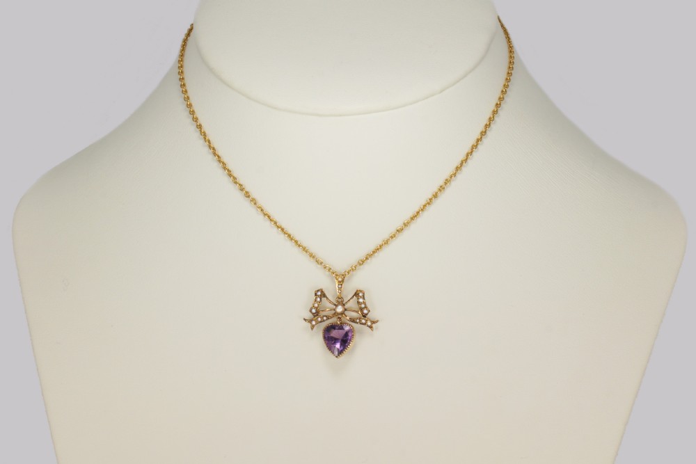 Antique Seed Pearl & Amethyst Pendant 15ct Gold Victorian / Edwardian Necklace View III