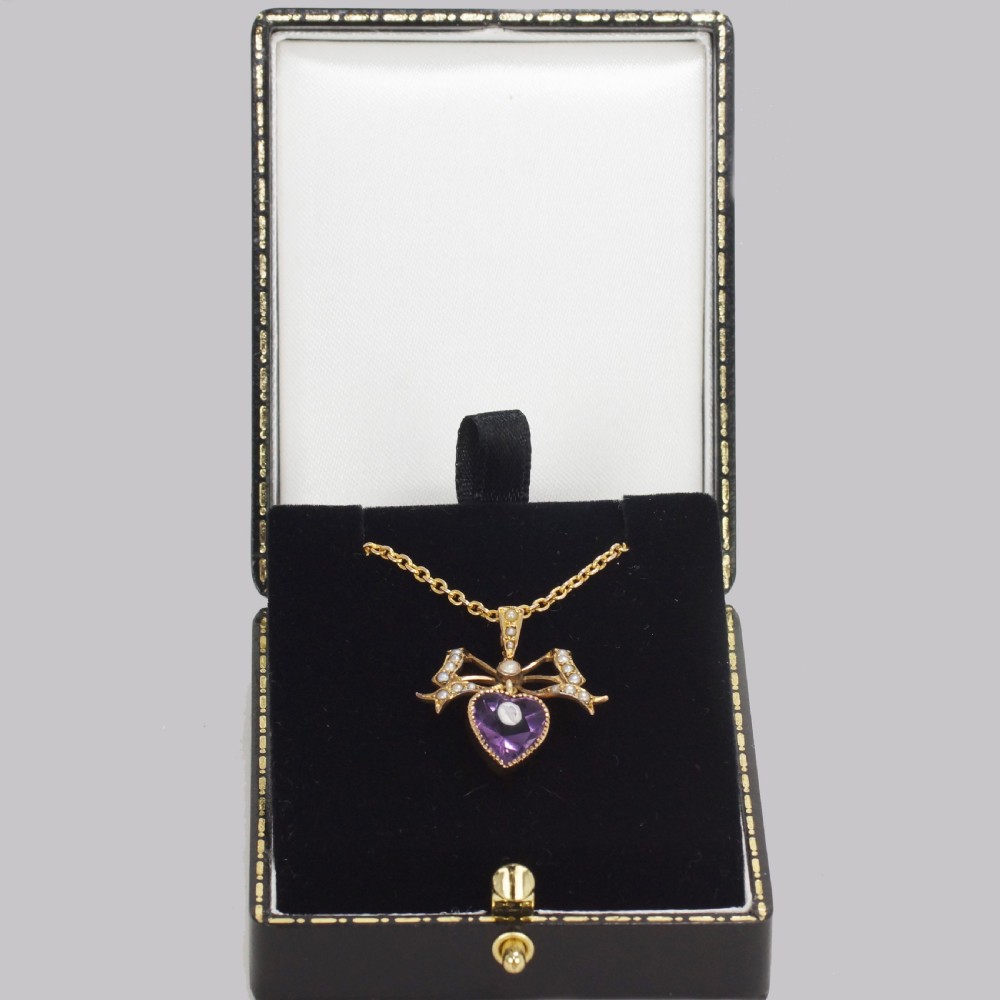 Antique Seed Pearl & Amethyst Pendant 15ct Gold Victorian / Edwardian Necklace View IX
