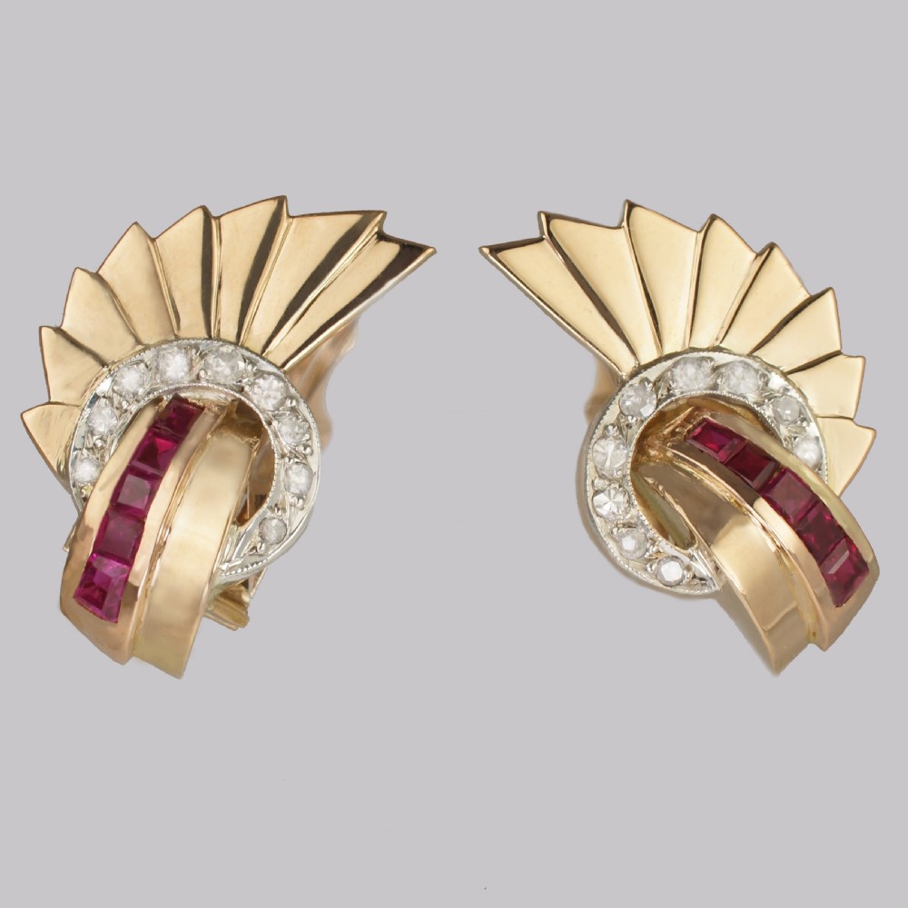 Art Deco 18ct Gold Ruby & Diamond Earrings 1920s Fan Clip On Antique Earrings View III