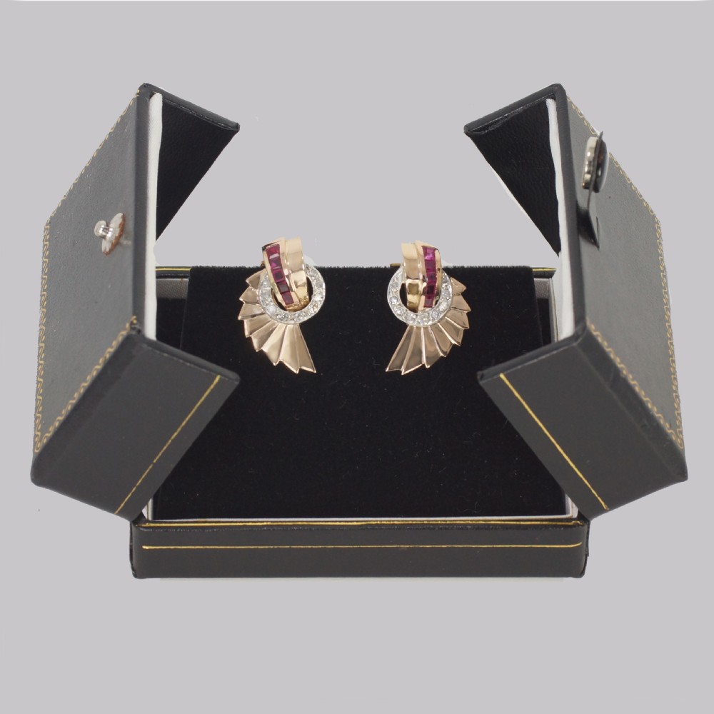 Art Deco 18ct Gold Ruby & Diamond Earrings 1920s Fan Clip On Antique Earrings View V