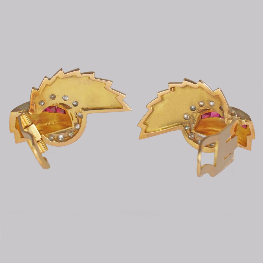 Art Deco 18ct Gold Ruby & Diamond Earrings 1920s Fan Clip On Antique Earrings View VII