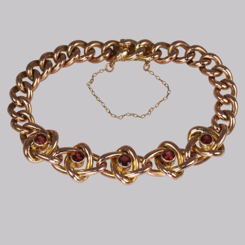 Victorian Garnet Knot & Curb Link 9ct Gold Bracelet with Antique Box Circa 1890 View III