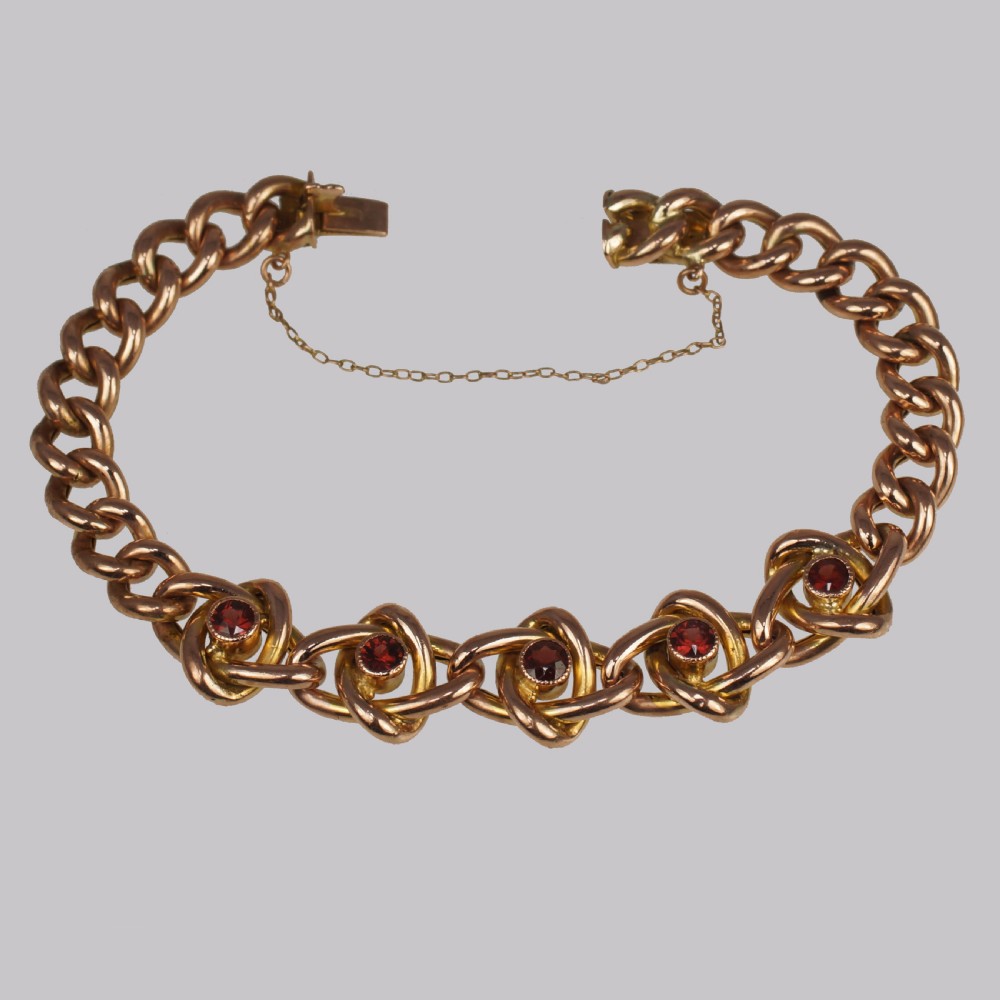 Victorian Garnet Knot & Curb Link 9ct Gold Bracelet with Antique Box Circa 1890 View V