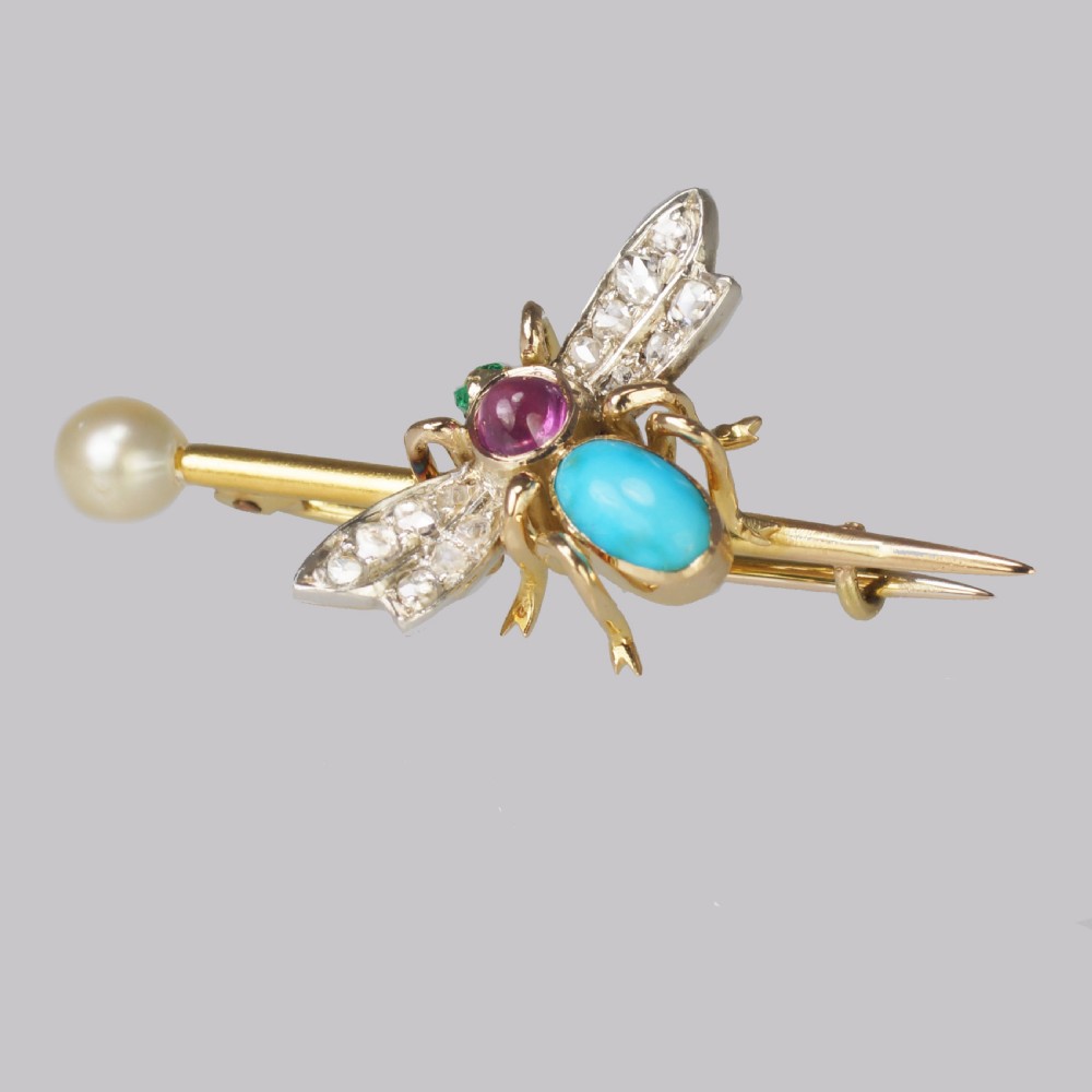 Antique Turquoise, Rose Cut Diamond, Ruby, Emerald & Pearl 18ct Gold Victorian Insect Brooch