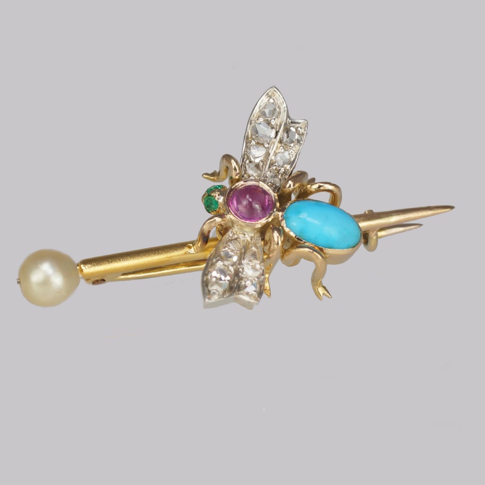 Antique Turquoise, Rose Cut Diamond, Ruby, Emerald & Pearl 18ct Gold Victorian Insect Brooch View IV