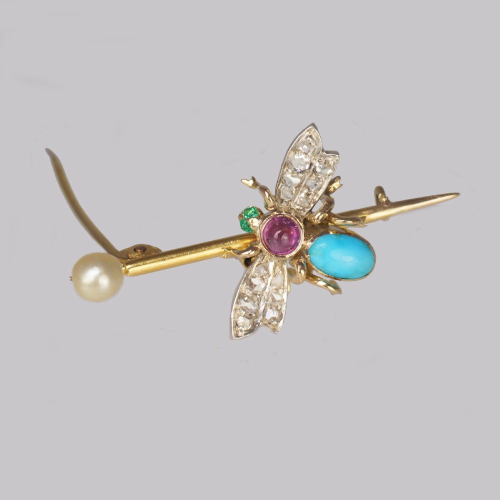 Antique Turquoise, Rose Cut Diamond, Ruby, Emerald & Pearl 18ct Gold Victorian Insect Brooch View V