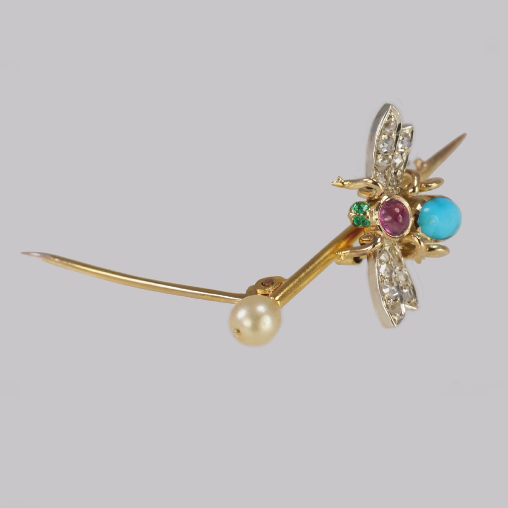 Antique Turquoise, Rose Cut Diamond, Ruby, Emerald & Pearl 18ct Gold Victorian Insect Brooch View VI