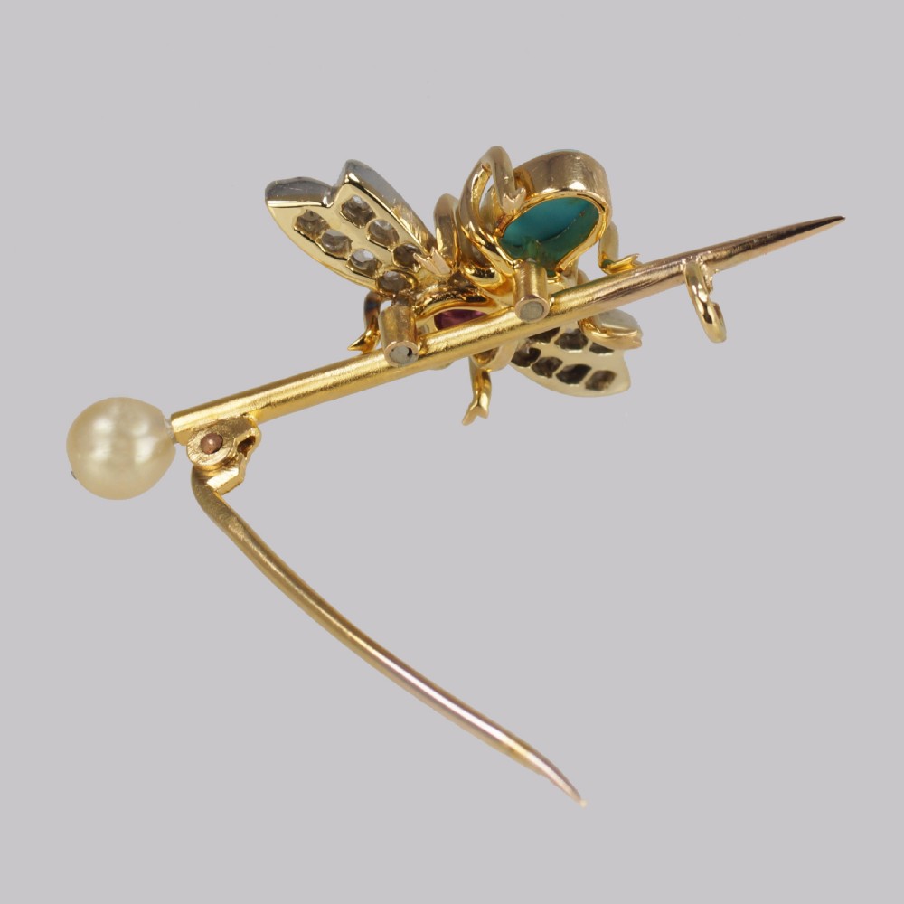 Antique Turquoise, Rose Cut Diamond, Ruby, Emerald & Pearl 18ct Gold Victorian Insect Brooch View VII