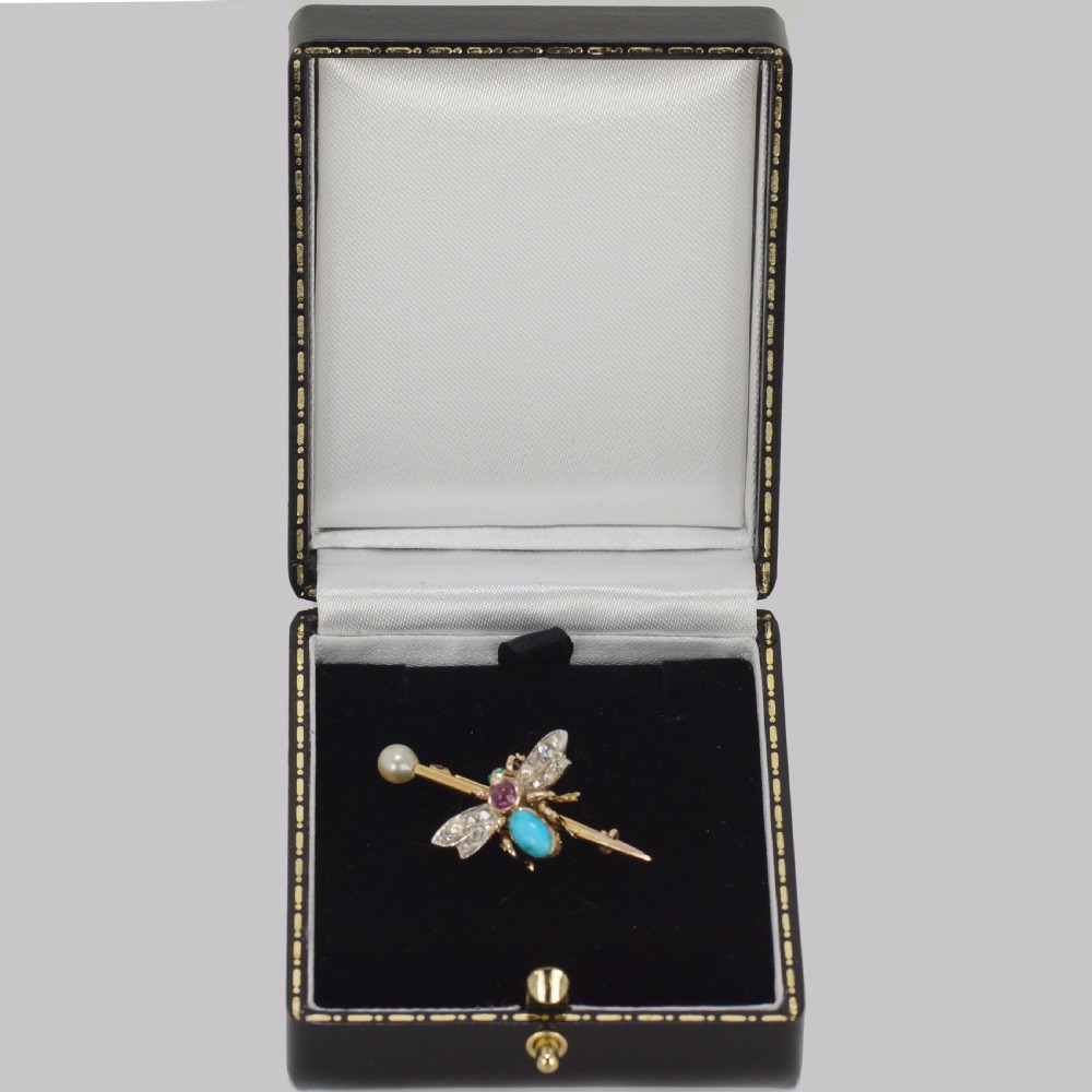 Antique Turquoise, Rose Cut Diamond, Ruby, Emerald & Pearl 18ct Gold Victorian Insect Brooch View VIII